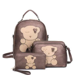 3-in-1 Cute Bear Design Handle Backpack W Crossbody And Wallet Set