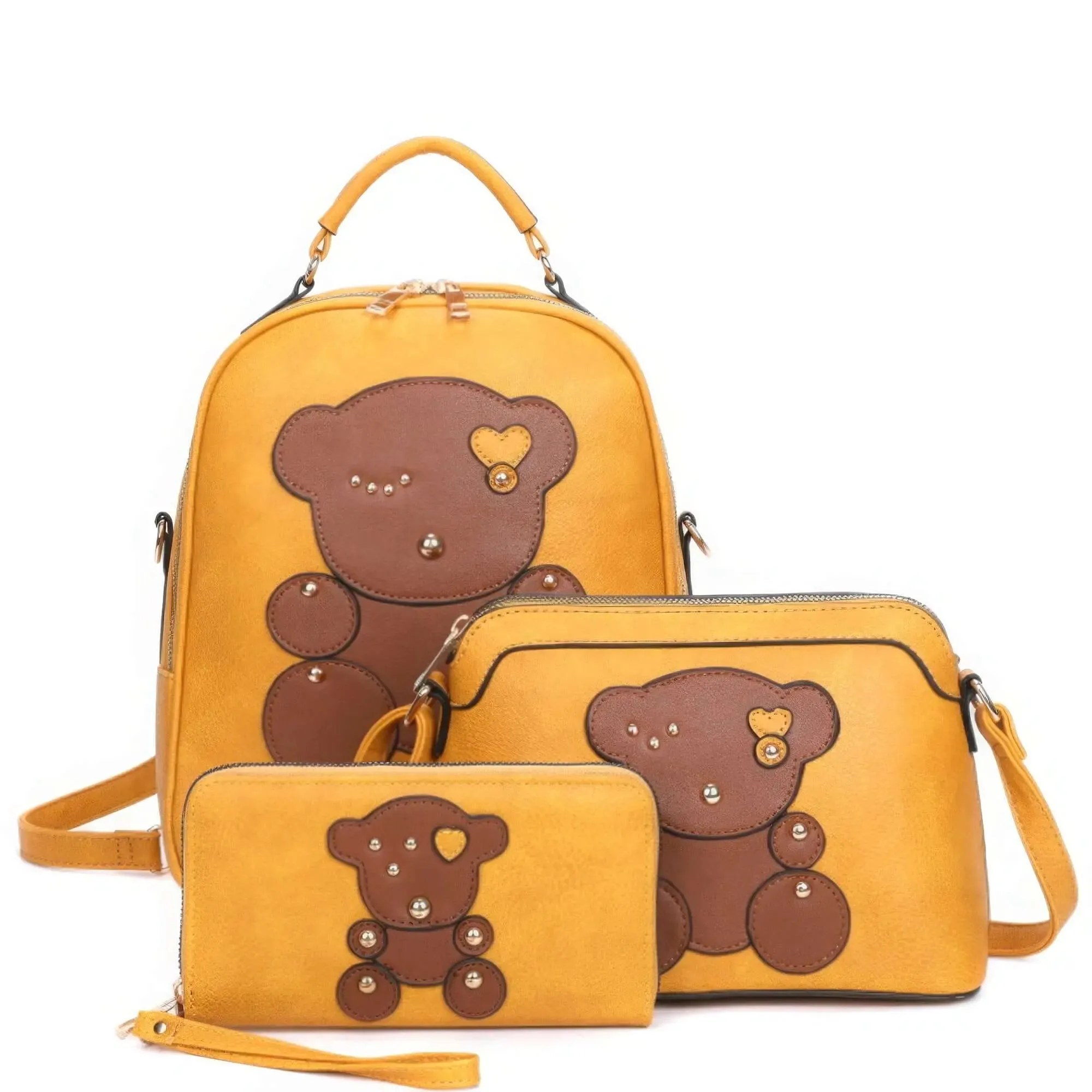3-in-1 Cute Bear Design Handle Backpack W Crossbody And Wallet Set