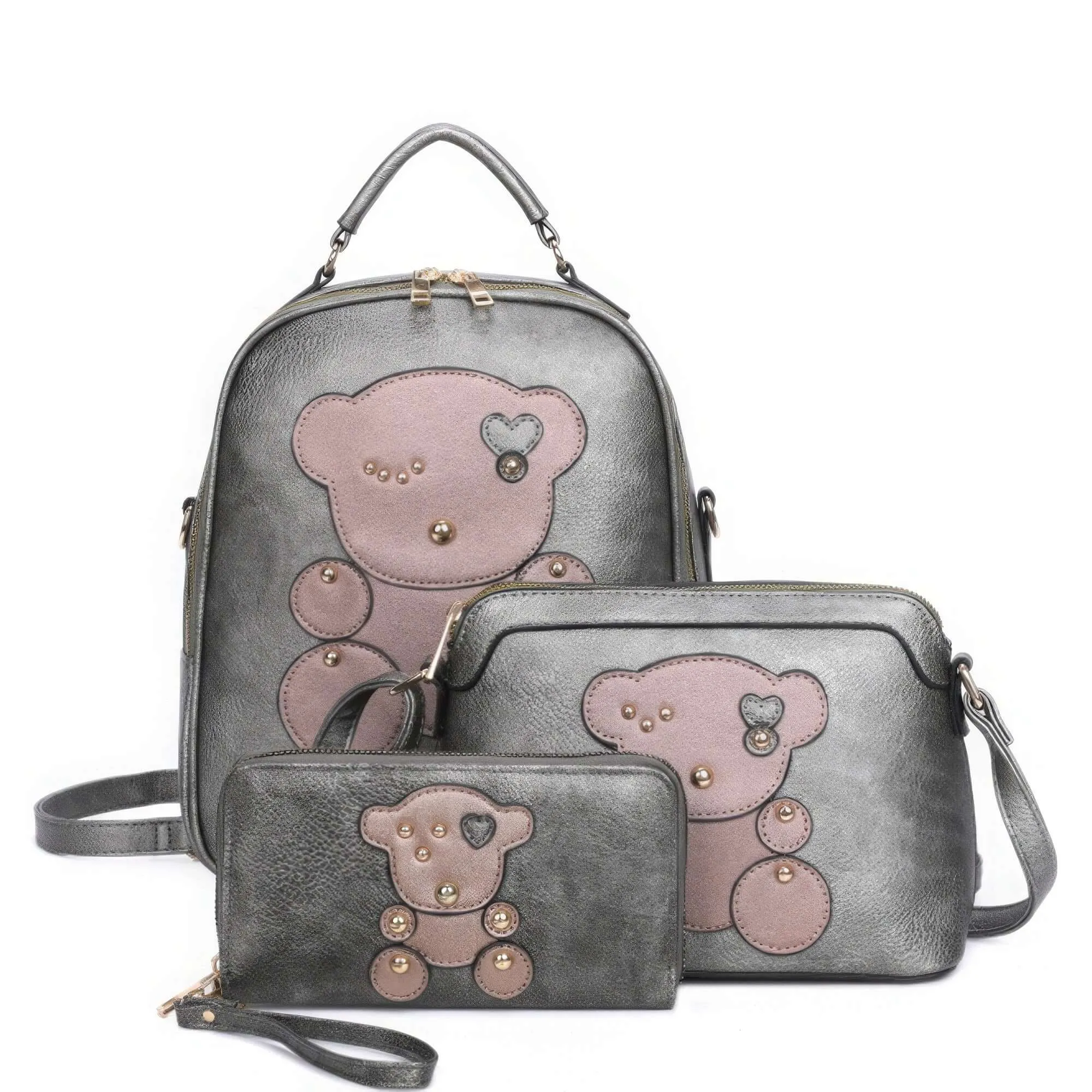 3-in-1 Cute Bear Design Handle Backpack W Crossbody And Wallet Set