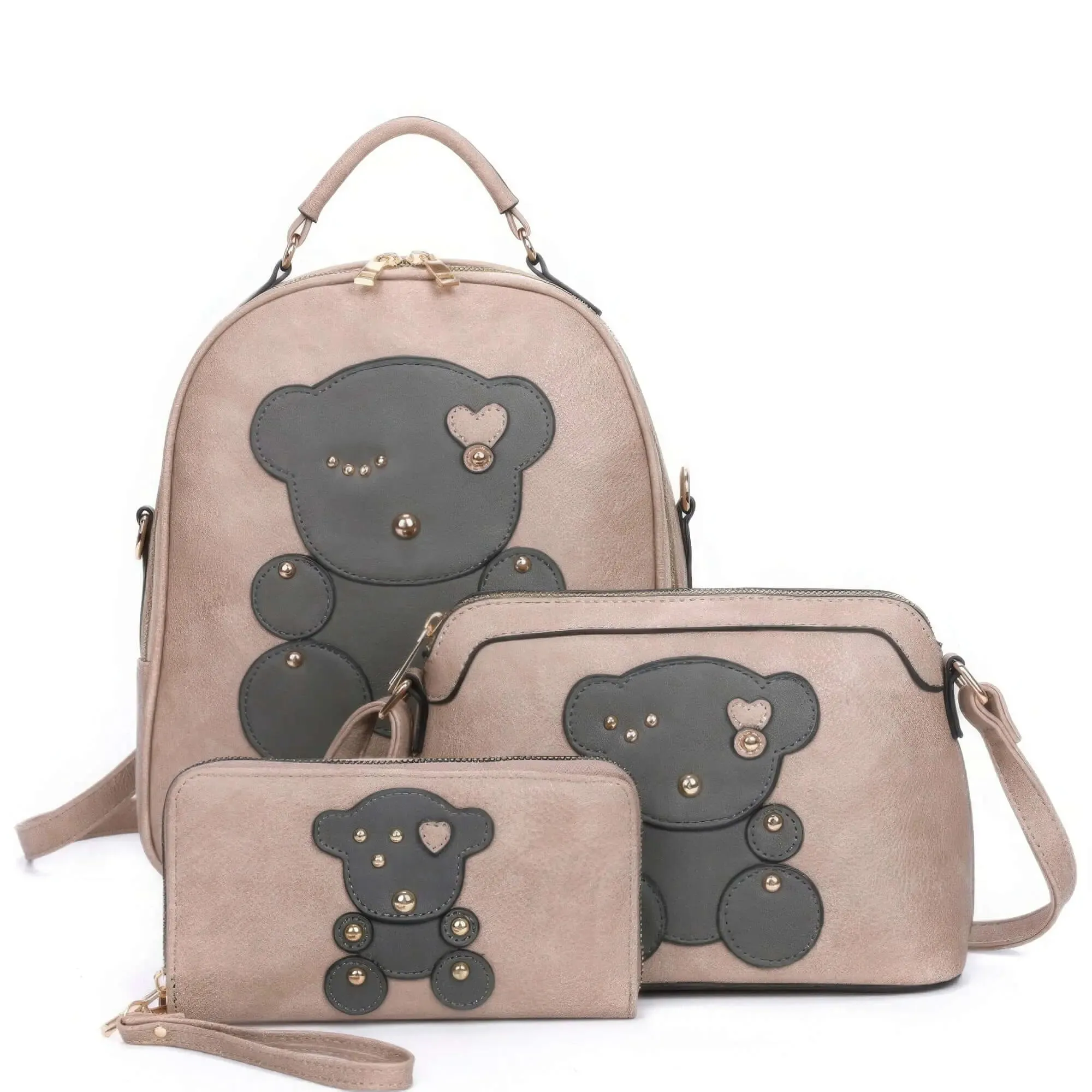 3-in-1 Cute Bear Design Handle Backpack W Crossbody And Wallet Set