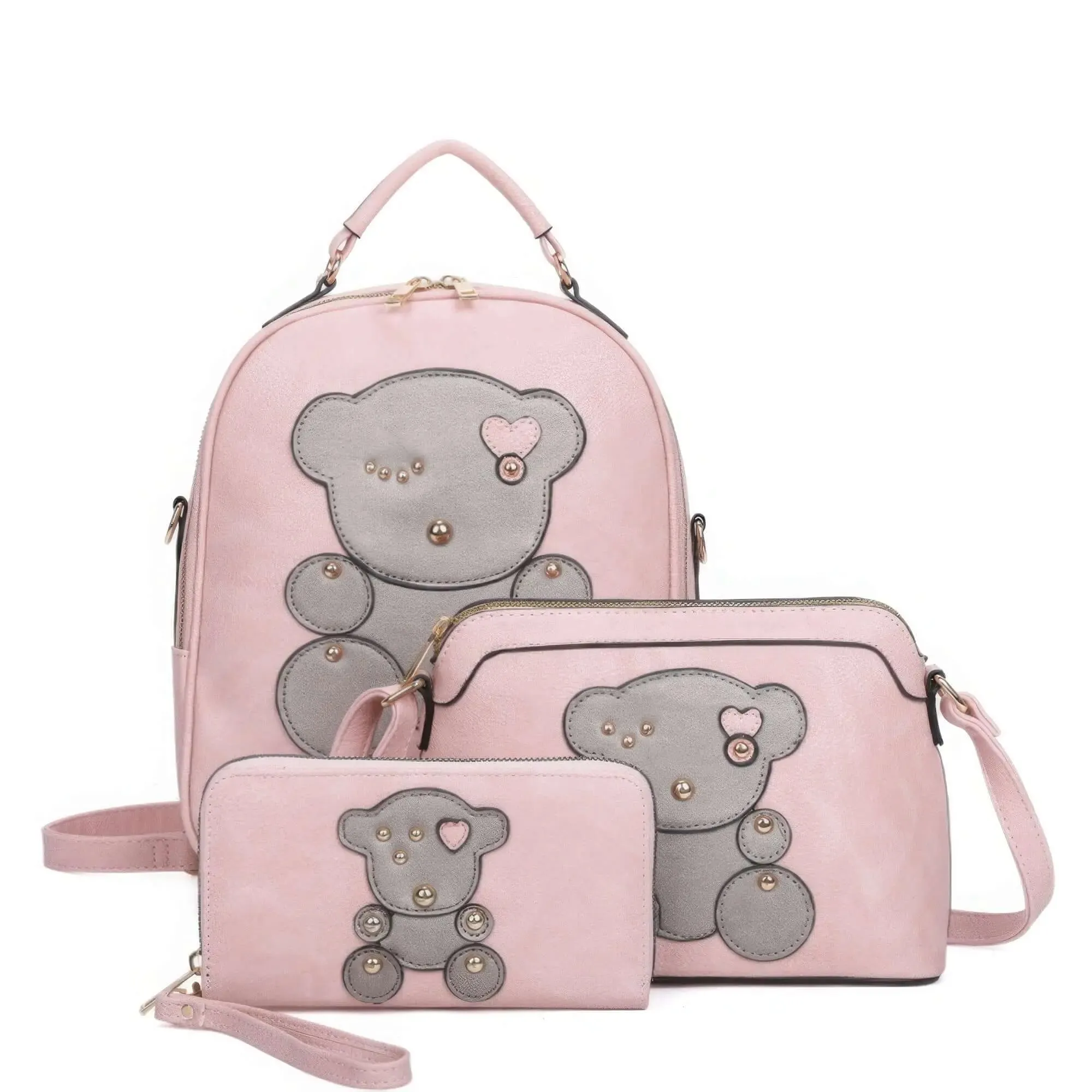 3-in-1 Cute Bear Design Handle Backpack W Crossbody And Wallet Set