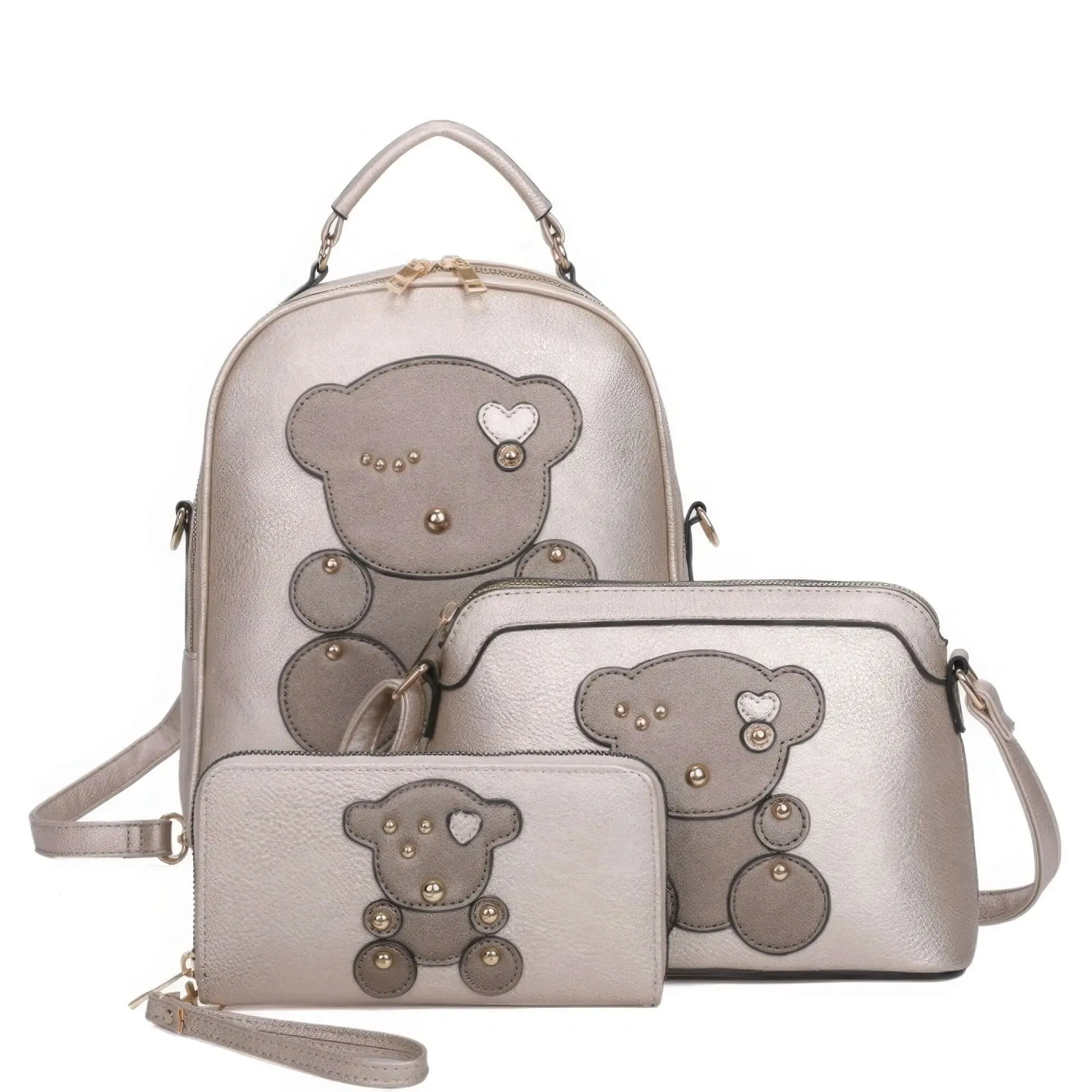3-in-1 Cute Bear Design Handle Backpack W Crossbody And Wallet Set