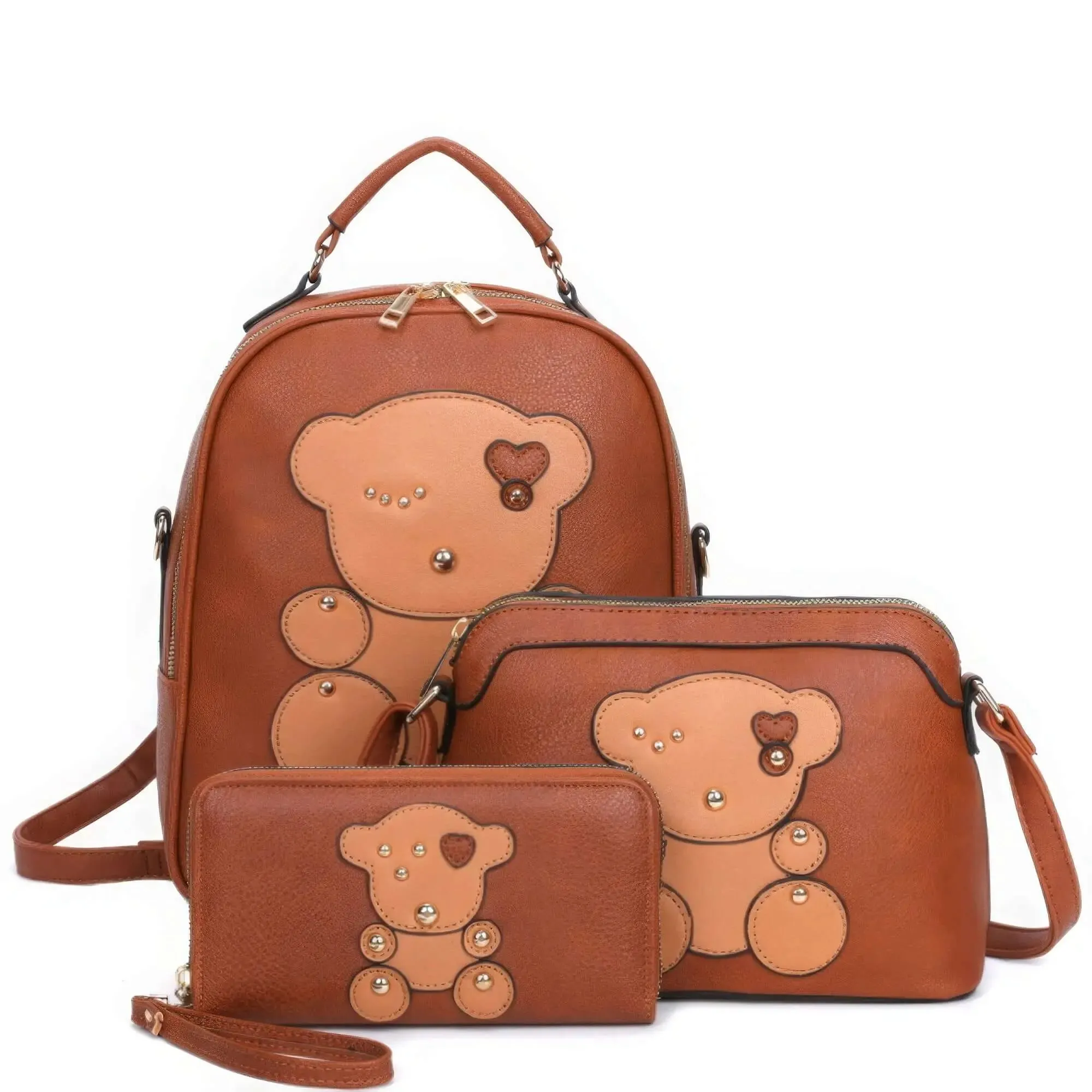 3-in-1 Cute Bear Design Handle Backpack W Crossbody And Wallet Set