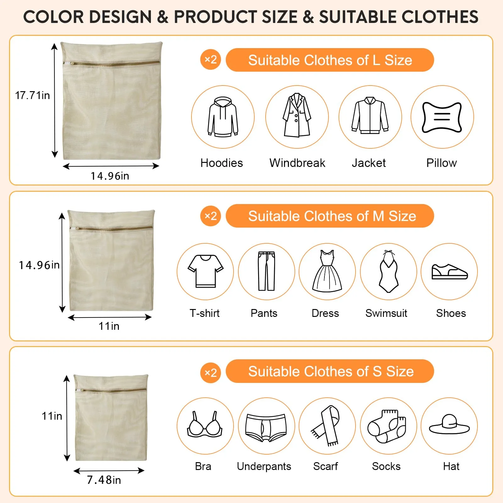6-piece laundry bag set, durable organic cotton mesh laundry bag, sturdy zipper, breathable mesh, exquisite laundry bag, suitable for underwear, cooked food, underwear, pants, shoes, socks, travel