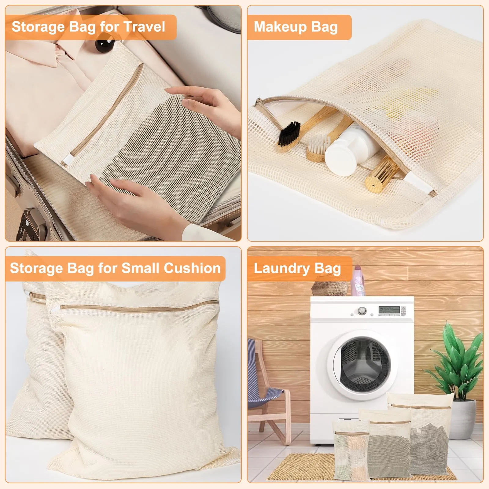 6-piece laundry bag set, durable organic cotton mesh laundry bag, sturdy zipper, breathable mesh, exquisite laundry bag, suitable for underwear, cooked food, underwear, pants, shoes, socks, travel