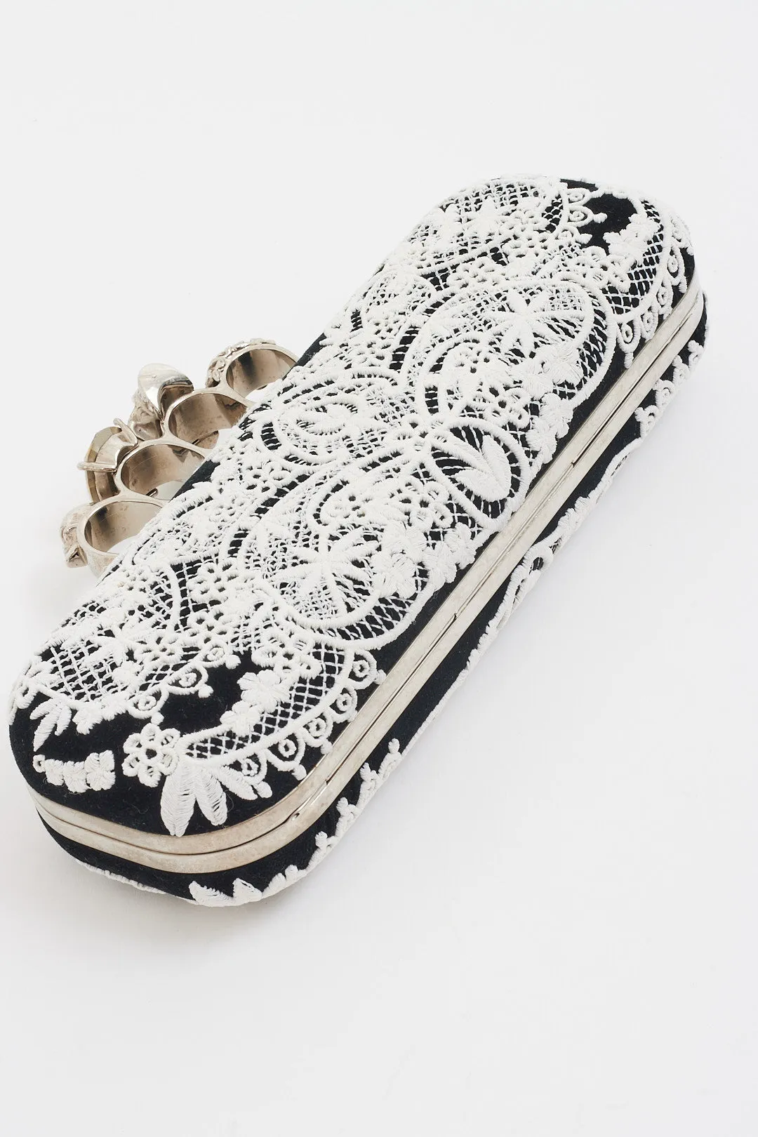 Alexander McQueen White/Black Lace Skull Knuckle Clutch
