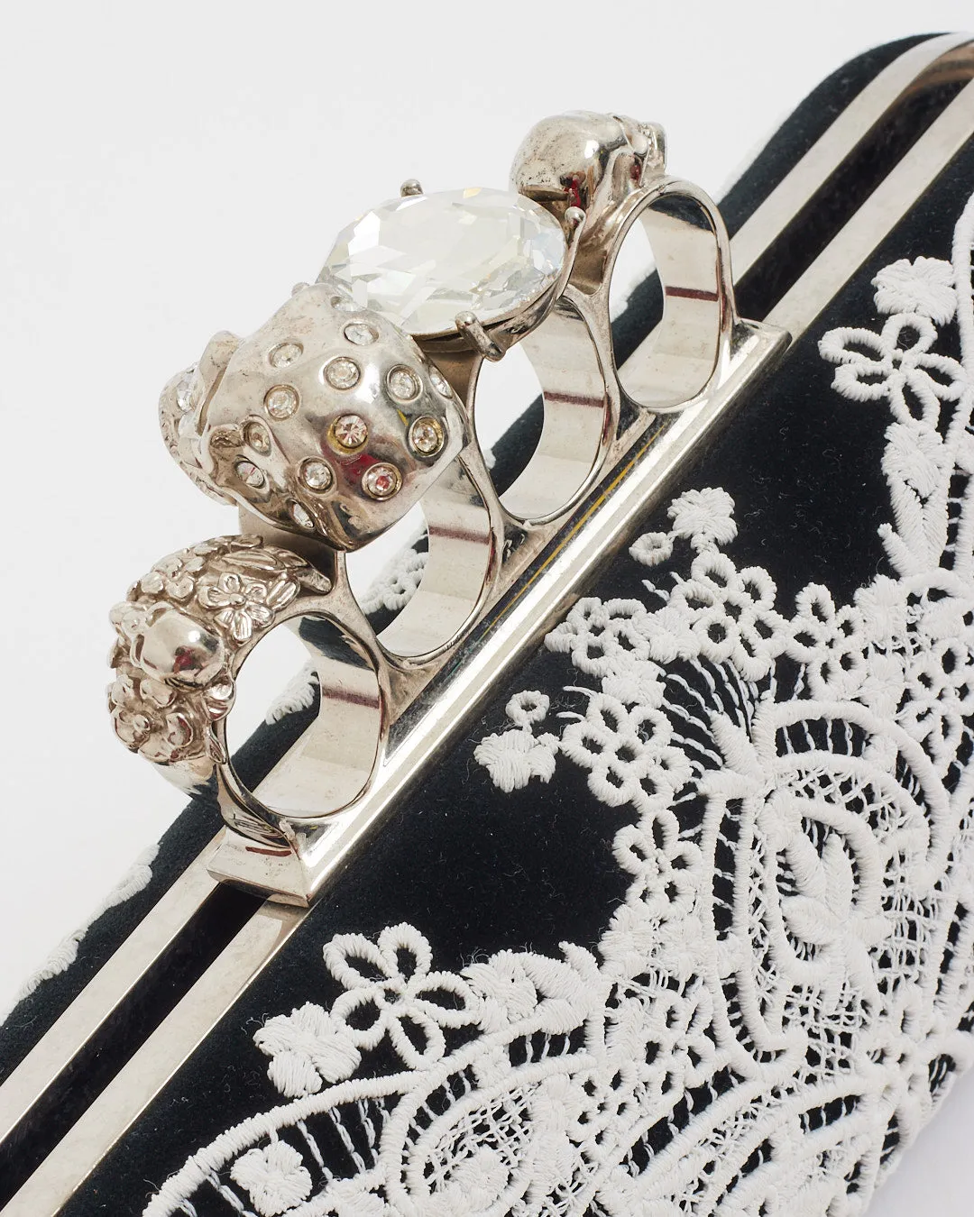 Alexander McQueen White/Black Lace Skull Knuckle Clutch