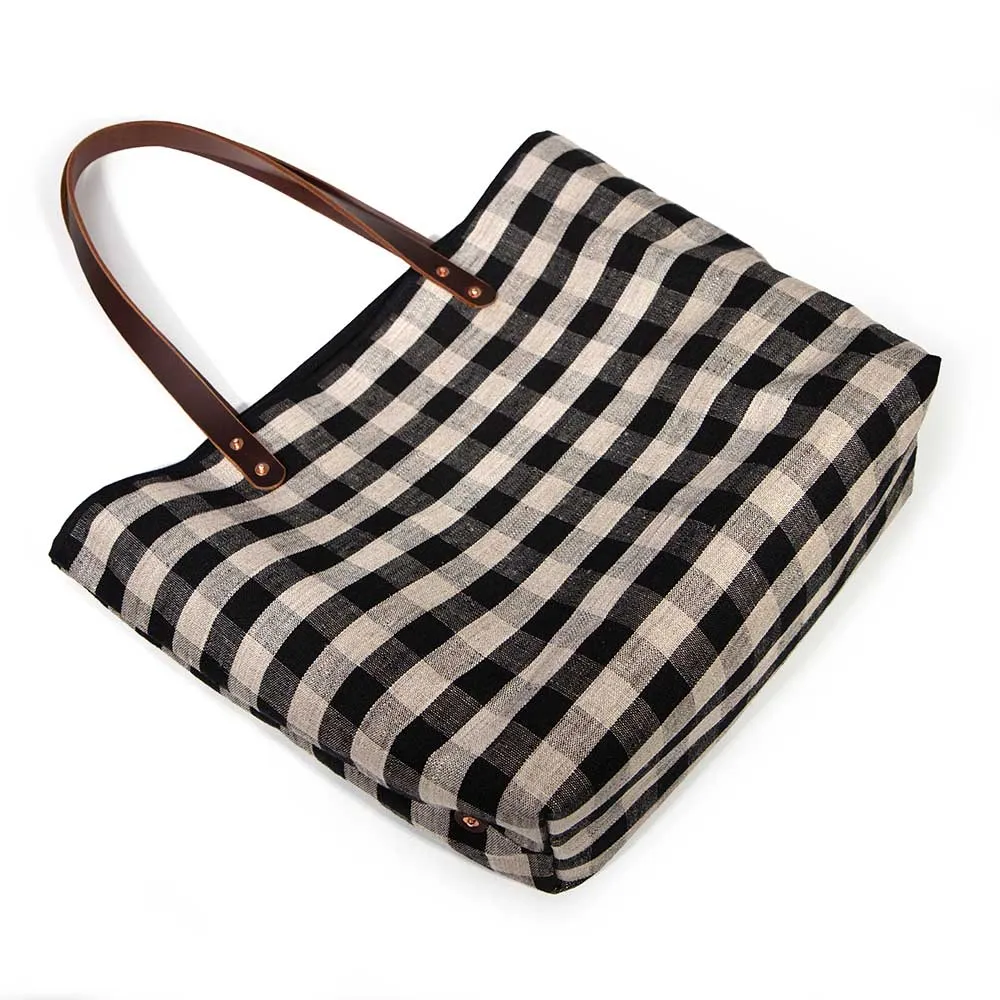 Black Linen Check All Day Tote