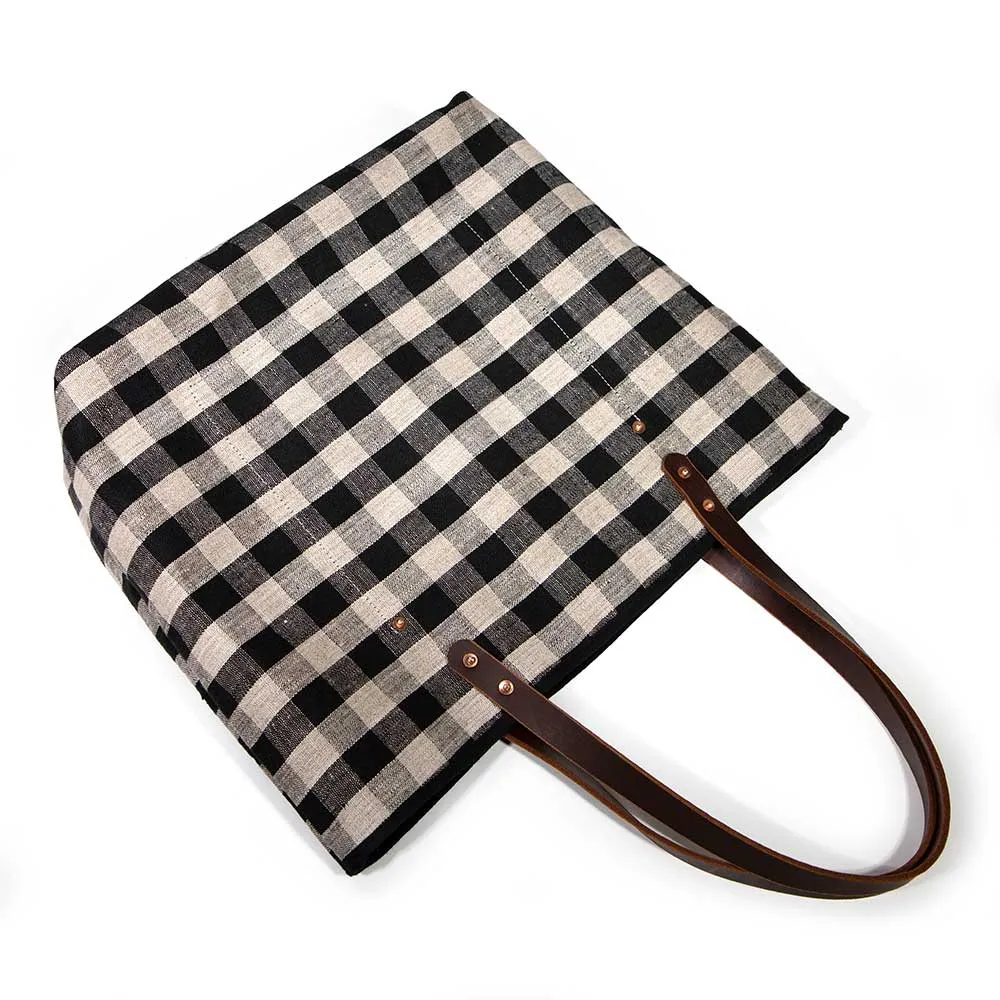 Black Linen Check All Day Tote