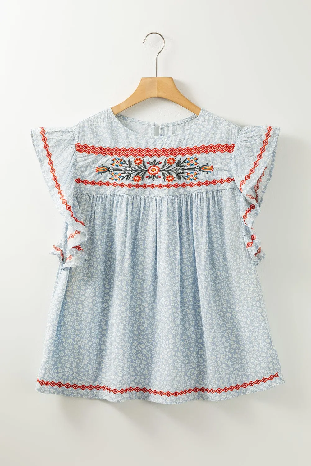 Bohemian Sky Blue Floral Embroidered Flutter Sleeve Top
