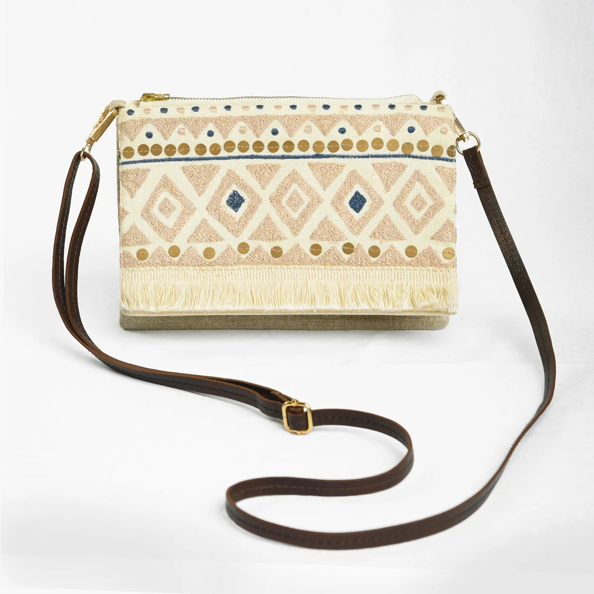 Boho Sling bag, Linen &amp; off white, embroidered with fringe