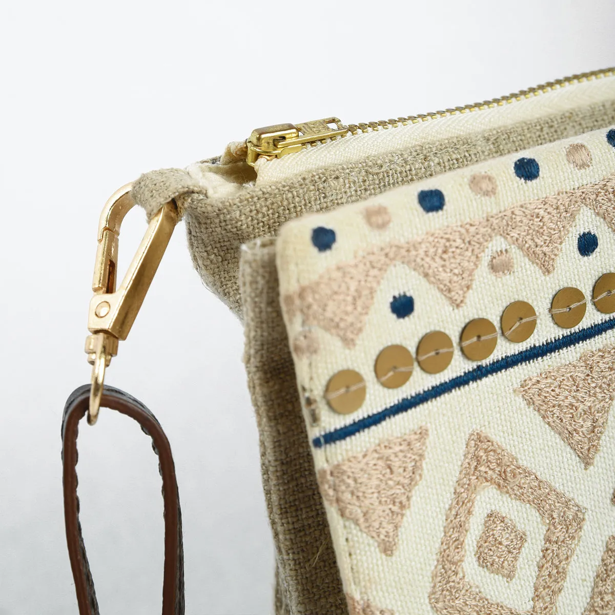 Boho Sling bag, Linen &amp; off white, embroidered with fringe