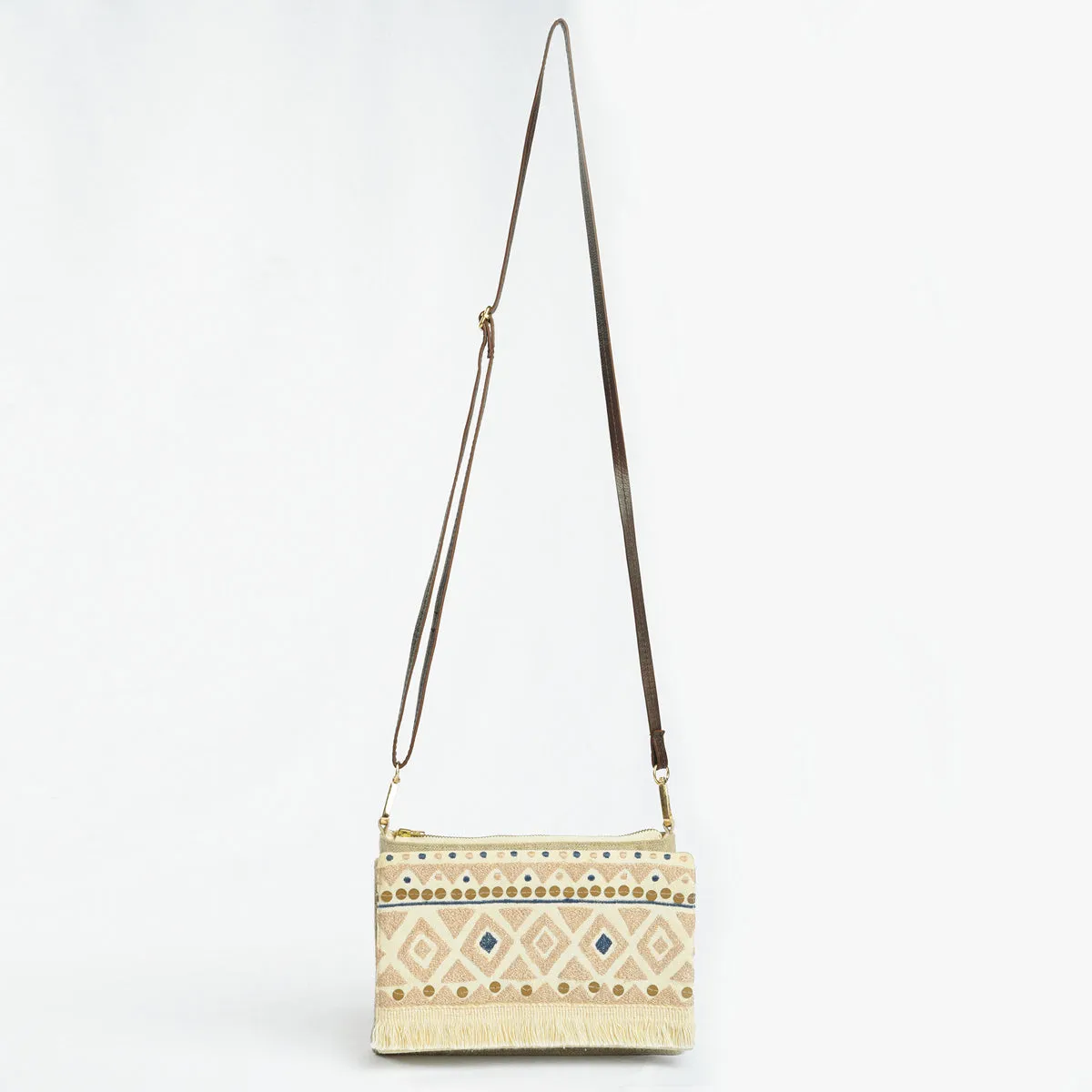 Boho Sling bag, Linen &amp; off white, embroidered with fringe