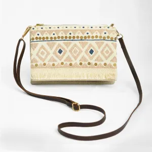 Boho Sling bag, Linen &amp; off white, embroidered with fringe