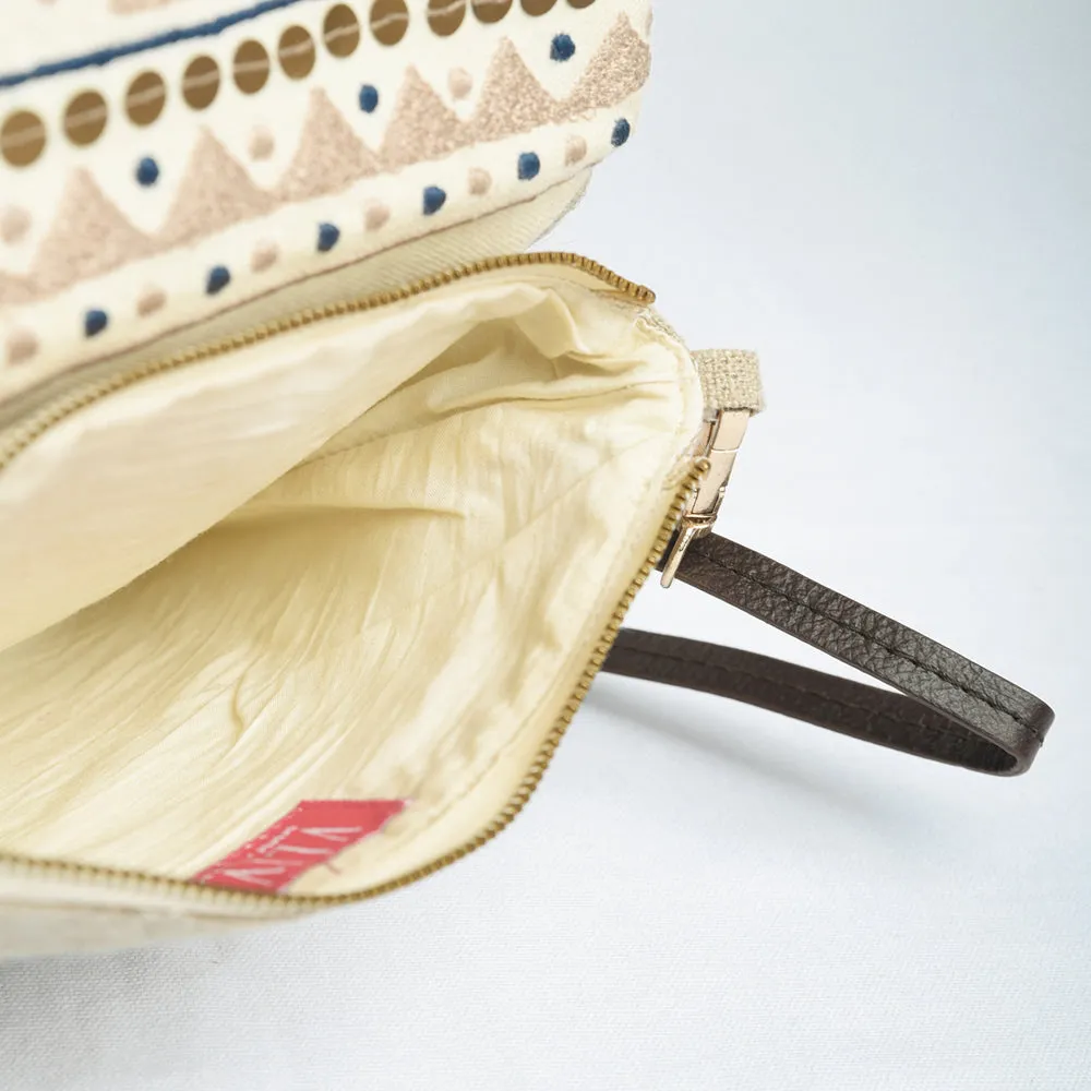 Boho Sling bag, Linen &amp; off white, embroidered with fringe