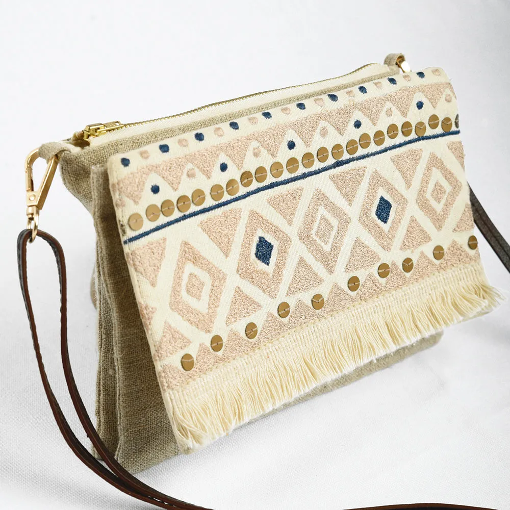 Boho Sling bag, Linen &amp; off white, embroidered with fringe