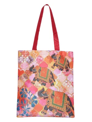 Digitally Printed Shopping Bag Tote Set Of 3 Small Medium Large Faux Silk Dupion,Running Elephant Family
