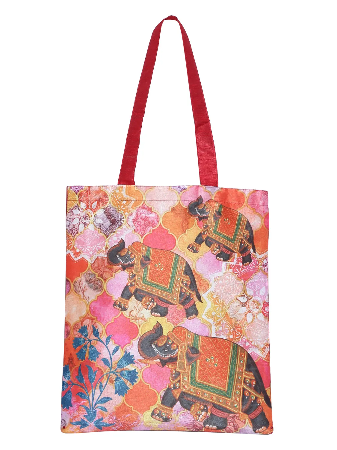 Digitally Printed Shopping Bag Tote Set Of 3 Small Medium Large Faux Silk Dupion,Running Elephant Family