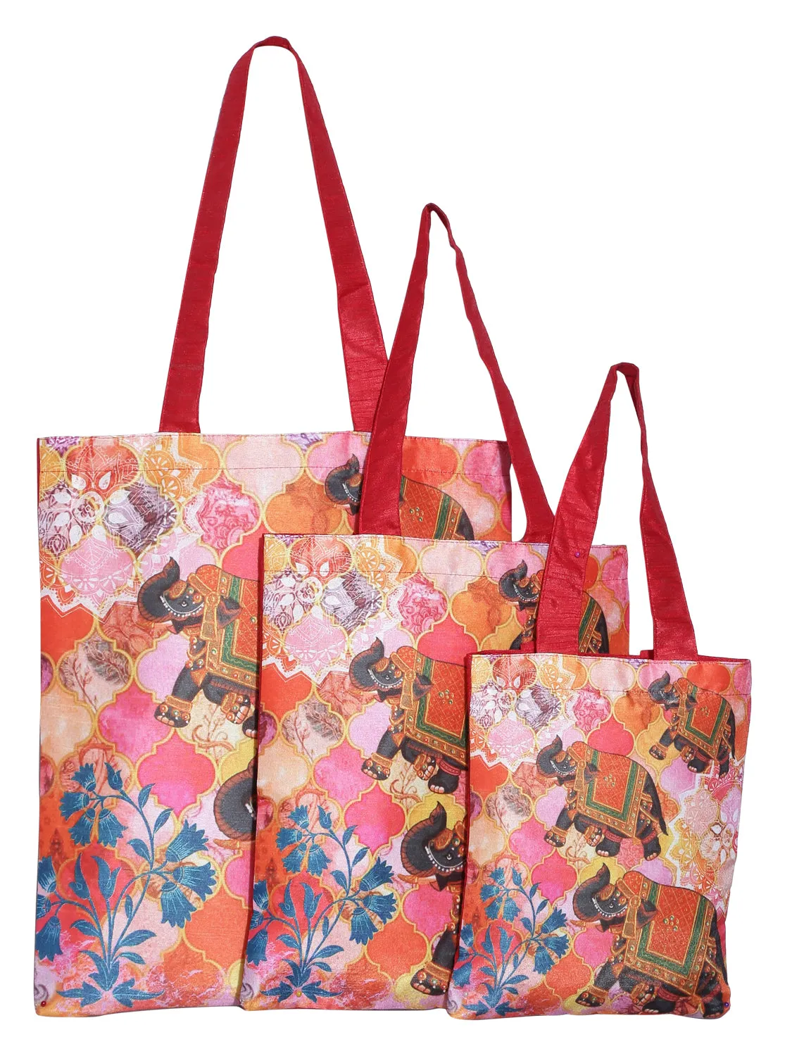 Digitally Printed Shopping Bag Tote Set Of 3 Small Medium Large Faux Silk Dupion,Running Elephant Family