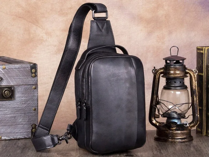 Double Zipper Leather Sling Bag Crossbody Hiking Daypack Shoulder Backpack