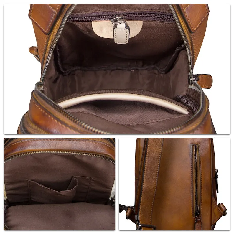 Double Zipper Leather Sling Bag Crossbody Hiking Daypack Shoulder Backpack