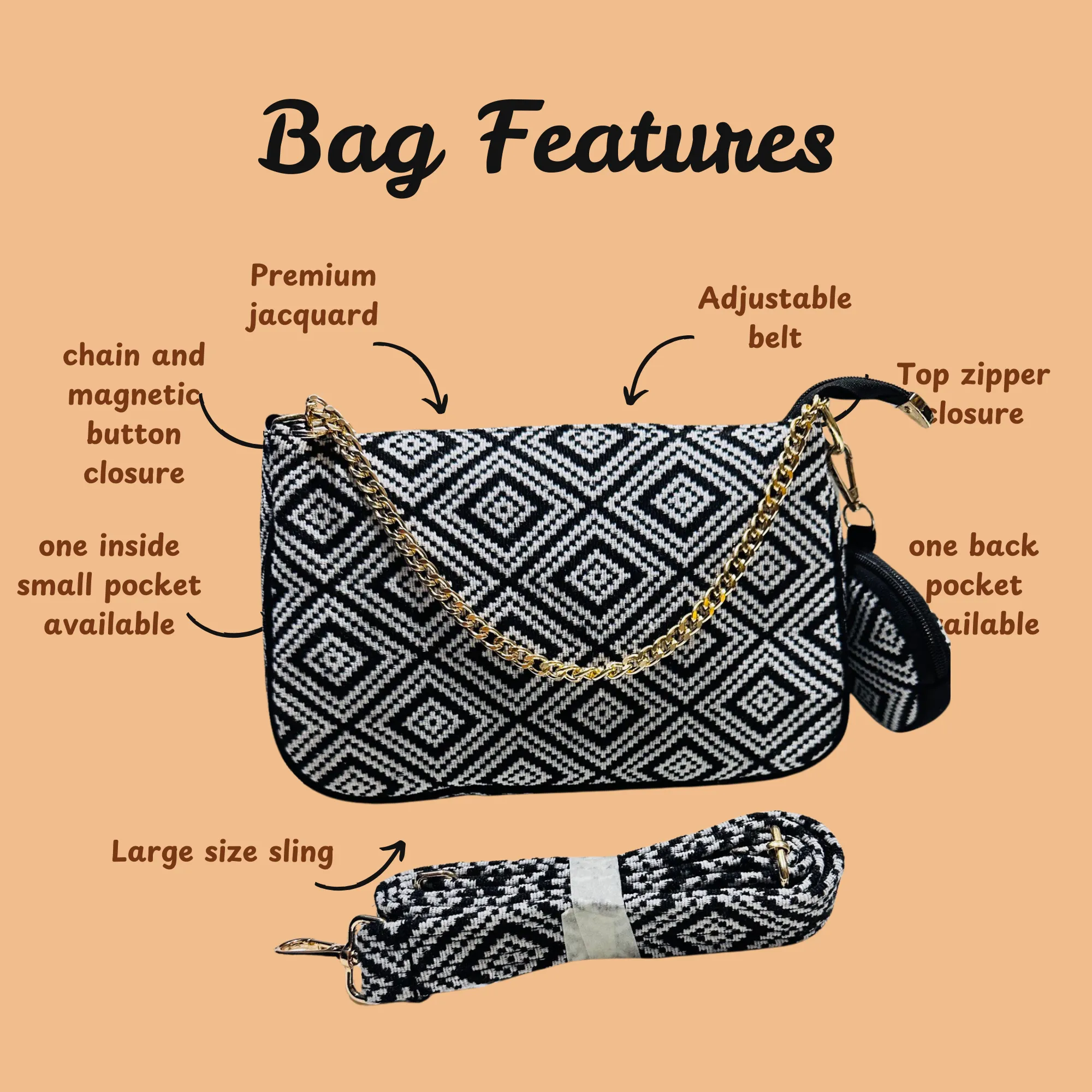 DURABLE BLACK And White Baguette BAG - F2