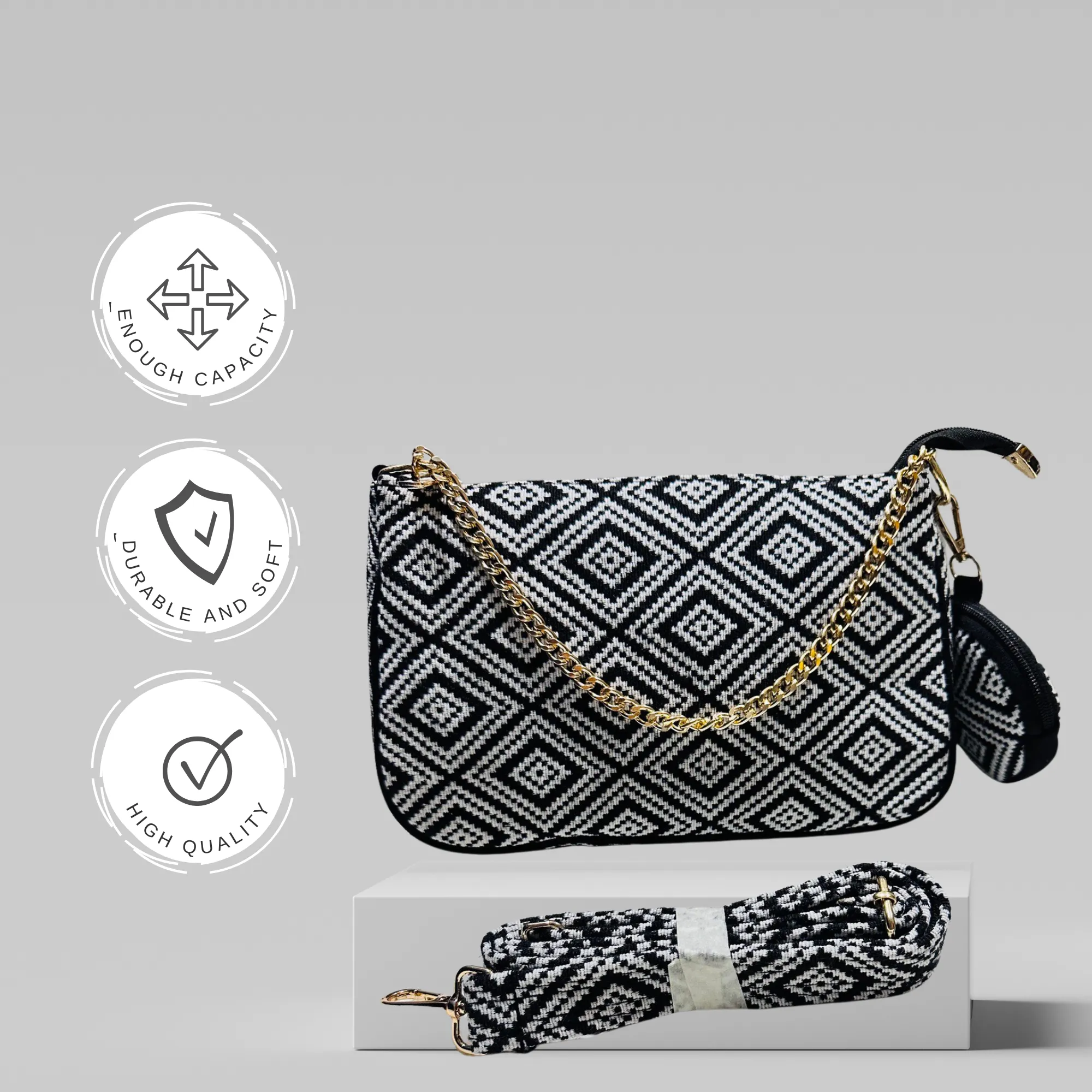 DURABLE BLACK And White Baguette BAG - F2