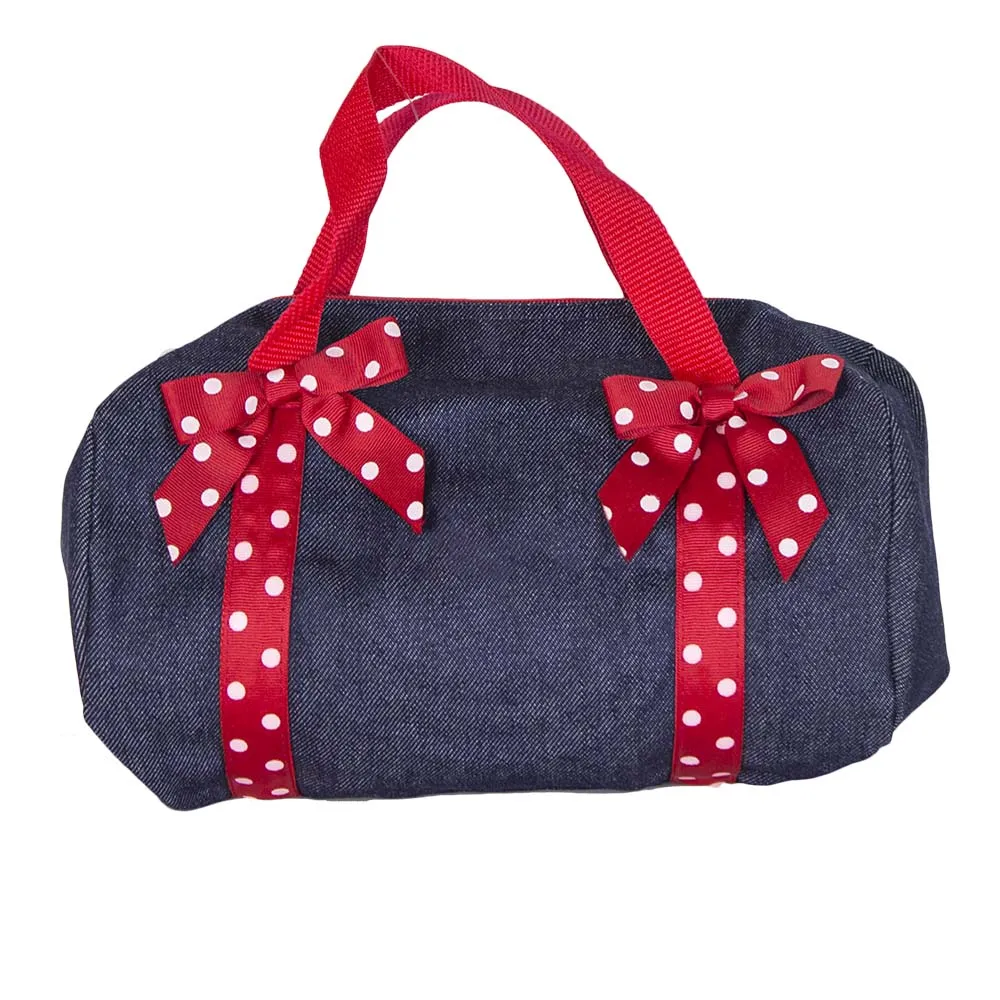 Embroidered Red Polka Dot Denim Duffle