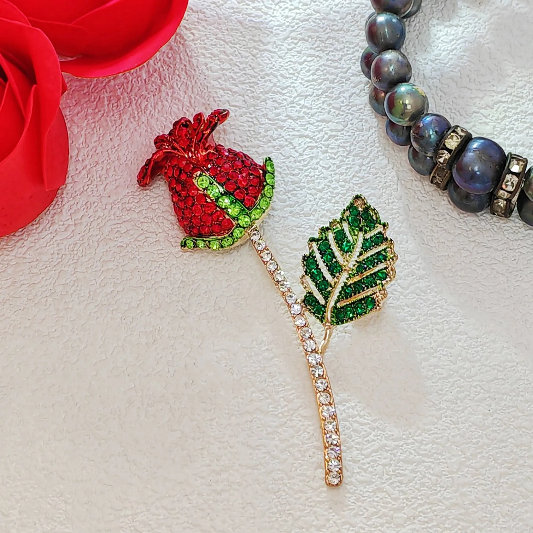 Exquisite Red Crystal Rose Bud Lapel Pin Her Jewelry