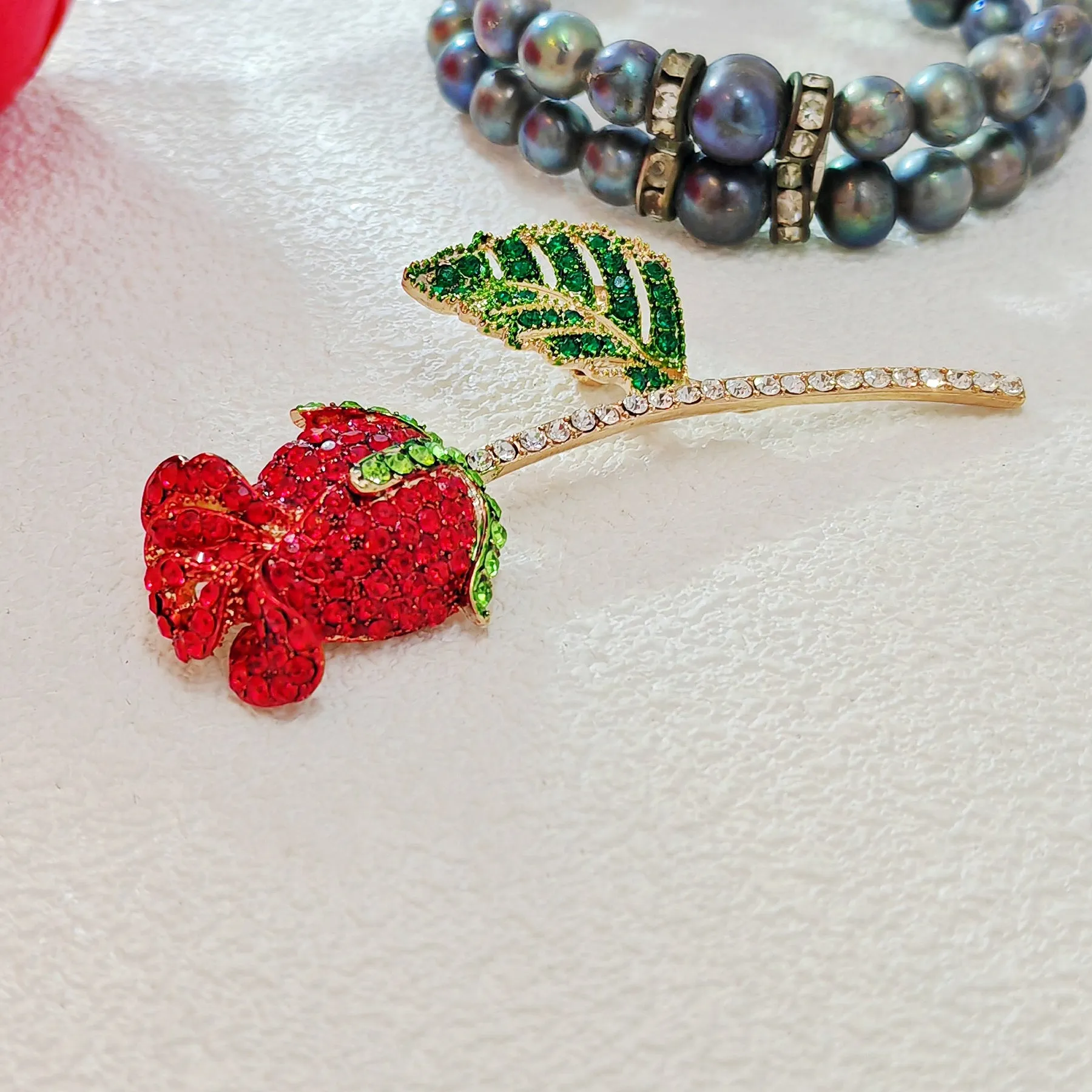 Exquisite Red Crystal Rose Bud Lapel Pin Her Jewelry