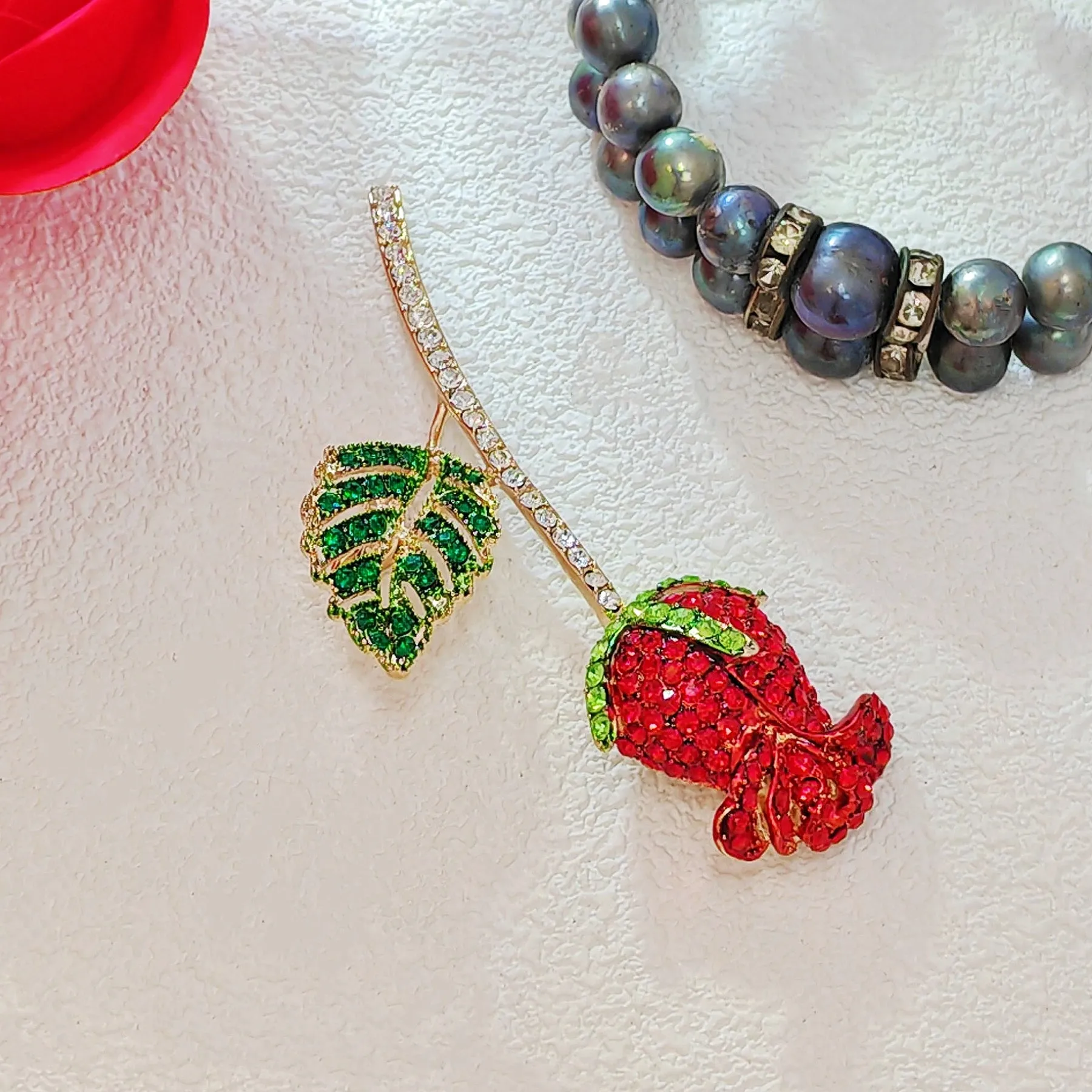 Exquisite Red Crystal Rose Bud Lapel Pin Her Jewelry
