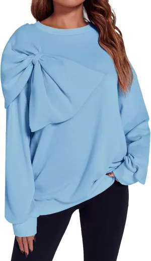 Fisoew Womens Oversized Sweatshirt Bow Tie Long Sleeve Crewneck Casual Fall Pullover Tops
