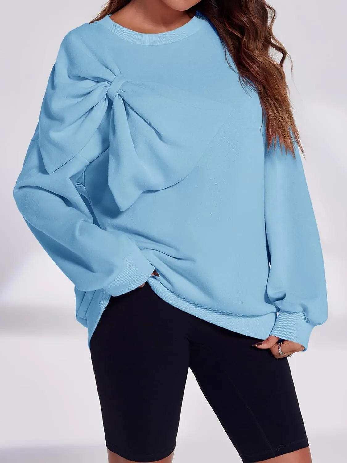 Fisoew Womens Oversized Sweatshirt Bow Tie Long Sleeve Crewneck Casual Fall Pullover Tops