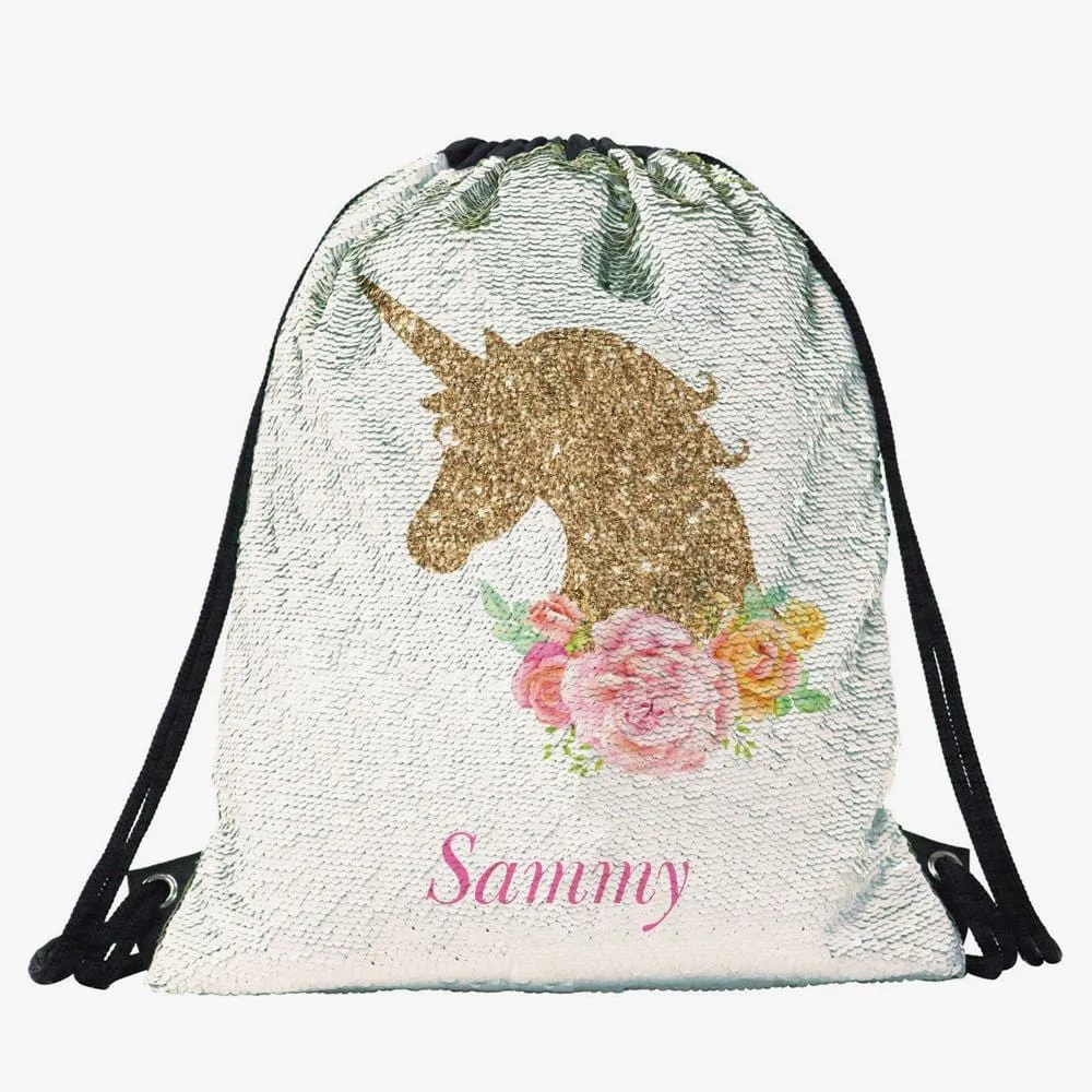 Gold Unicorn Personalized Kids Flip Sequin Drawstring Bag | Custom Backpacks