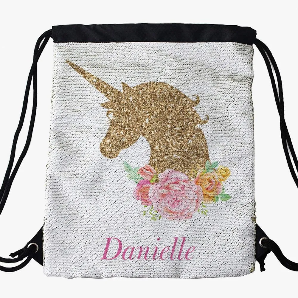 Gold Unicorn Personalized Kids Flip Sequin Drawstring Bag | Custom Backpacks