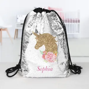 Gold Unicorn Personalized Kids Flip Sequin Drawstring Bag | Custom Backpacks