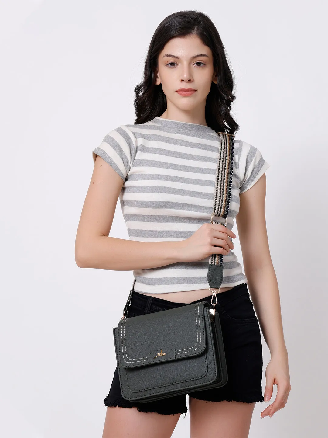Green Multicompartment Sling Bag For Women