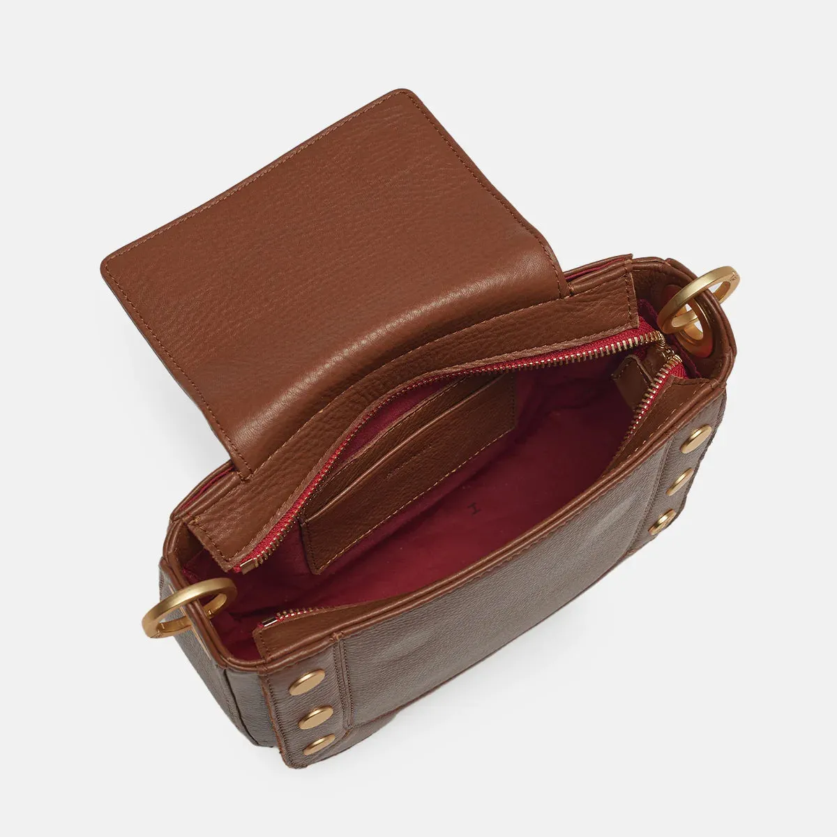 Hammitt Kayce Saddle Bag Medium in Mahogany Pebble/Brushed Gold Red Zip