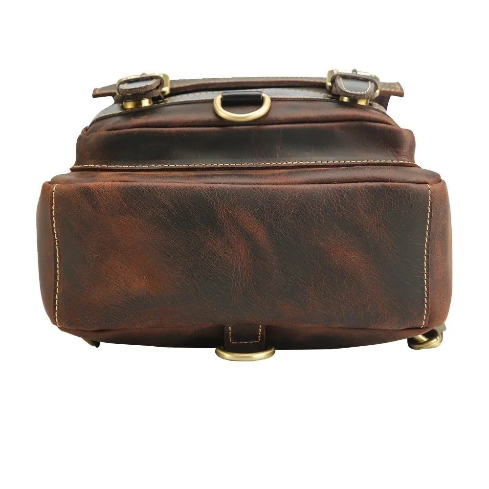 Mens Small Convertible Leather Backpack Vintage-Dark Brown