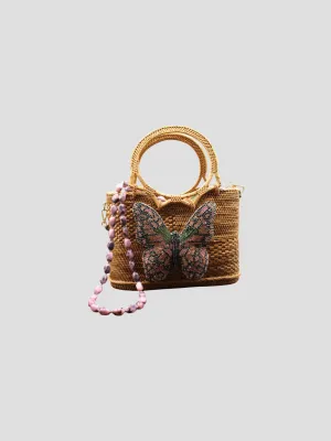 Raffia Tote with Pink Butterfly and Gemstone Strap