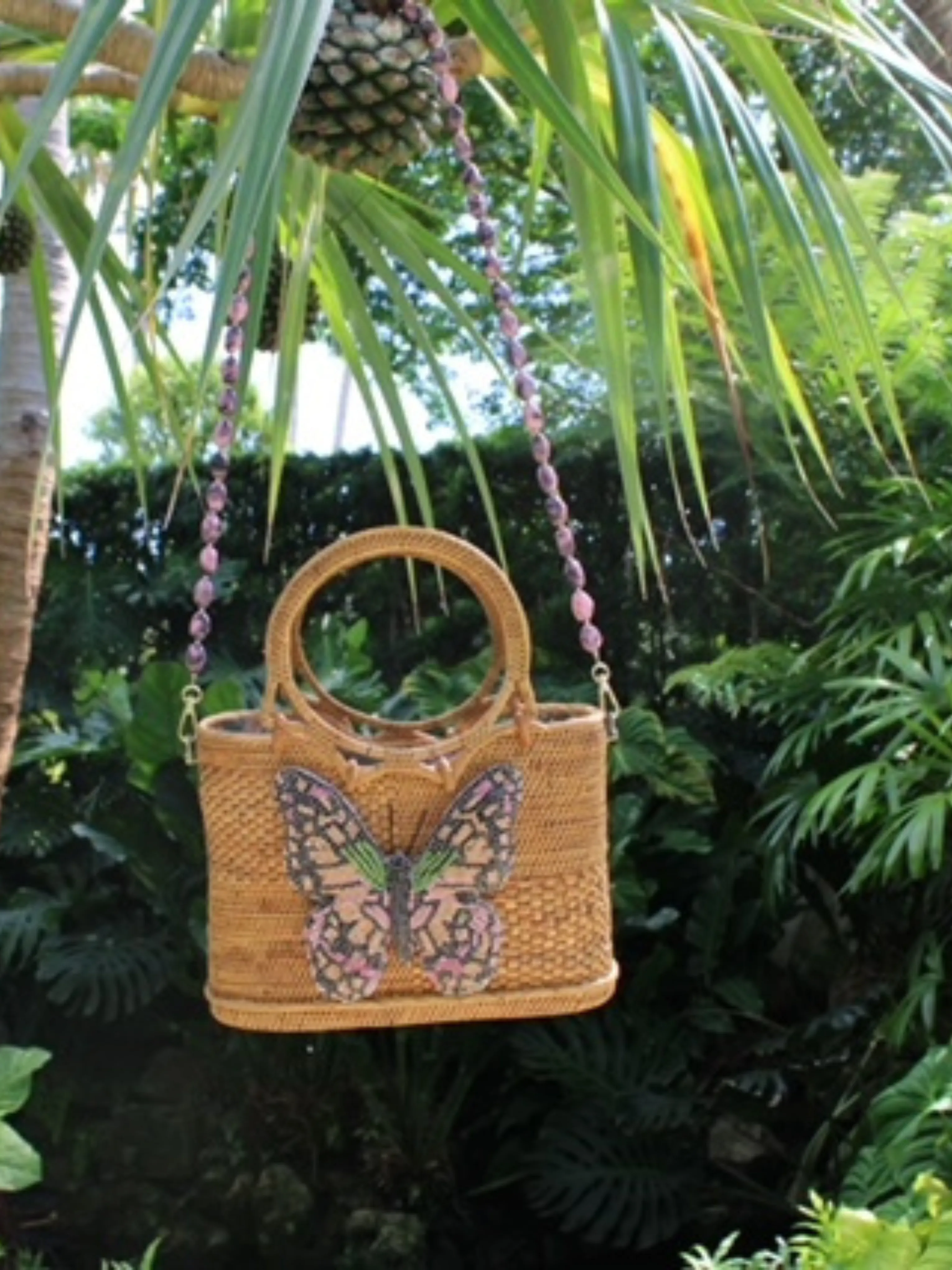Raffia Tote with Pink Butterfly and Gemstone Strap