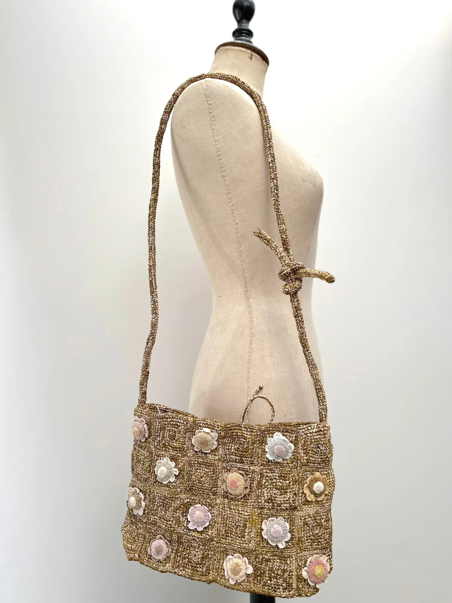 Sophie Digard Green Raffia With Pastel Florals Adjustable Cross-Body Bag