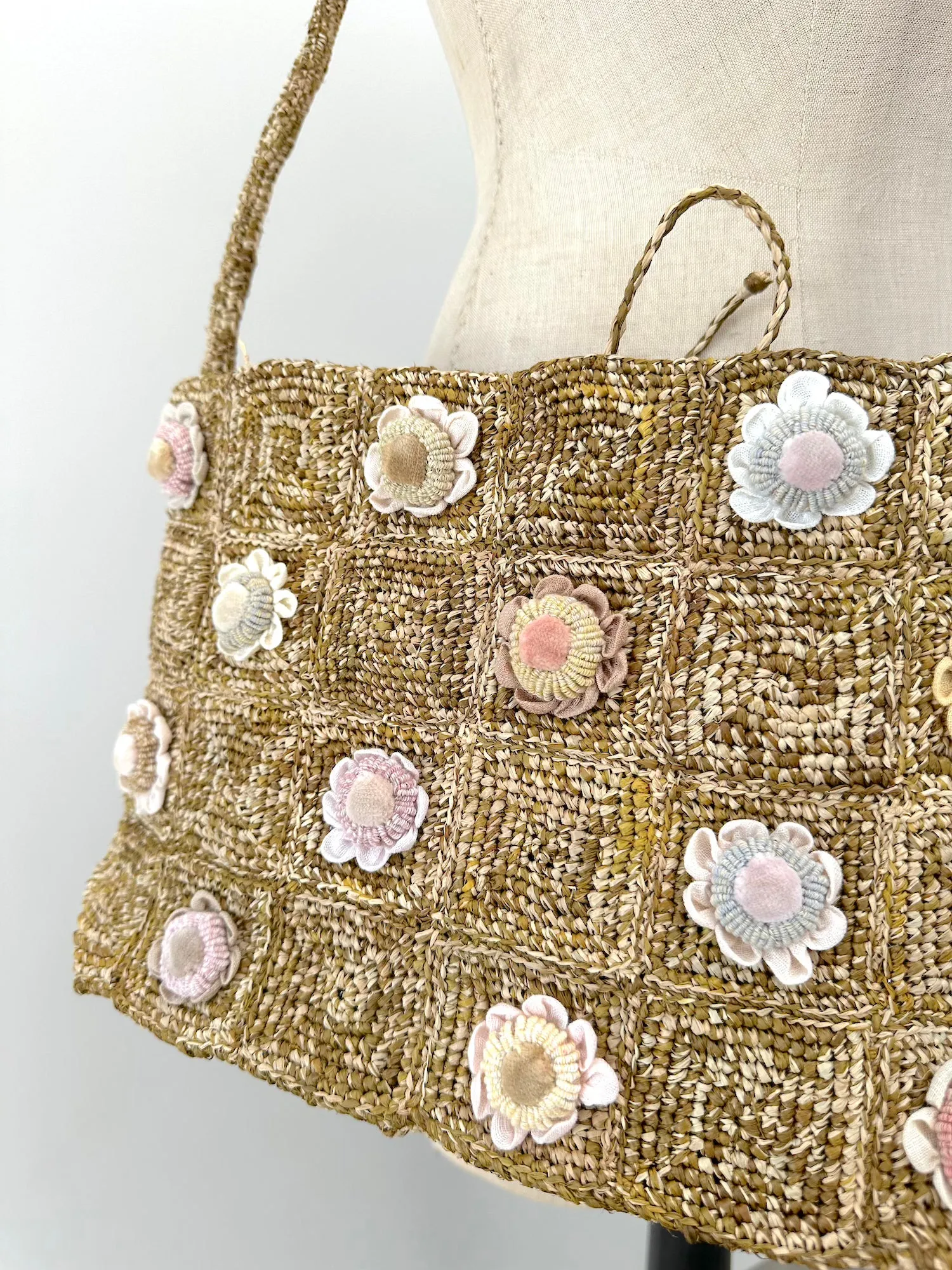 Sophie Digard Green Raffia With Pastel Florals Adjustable Cross-Body Bag
