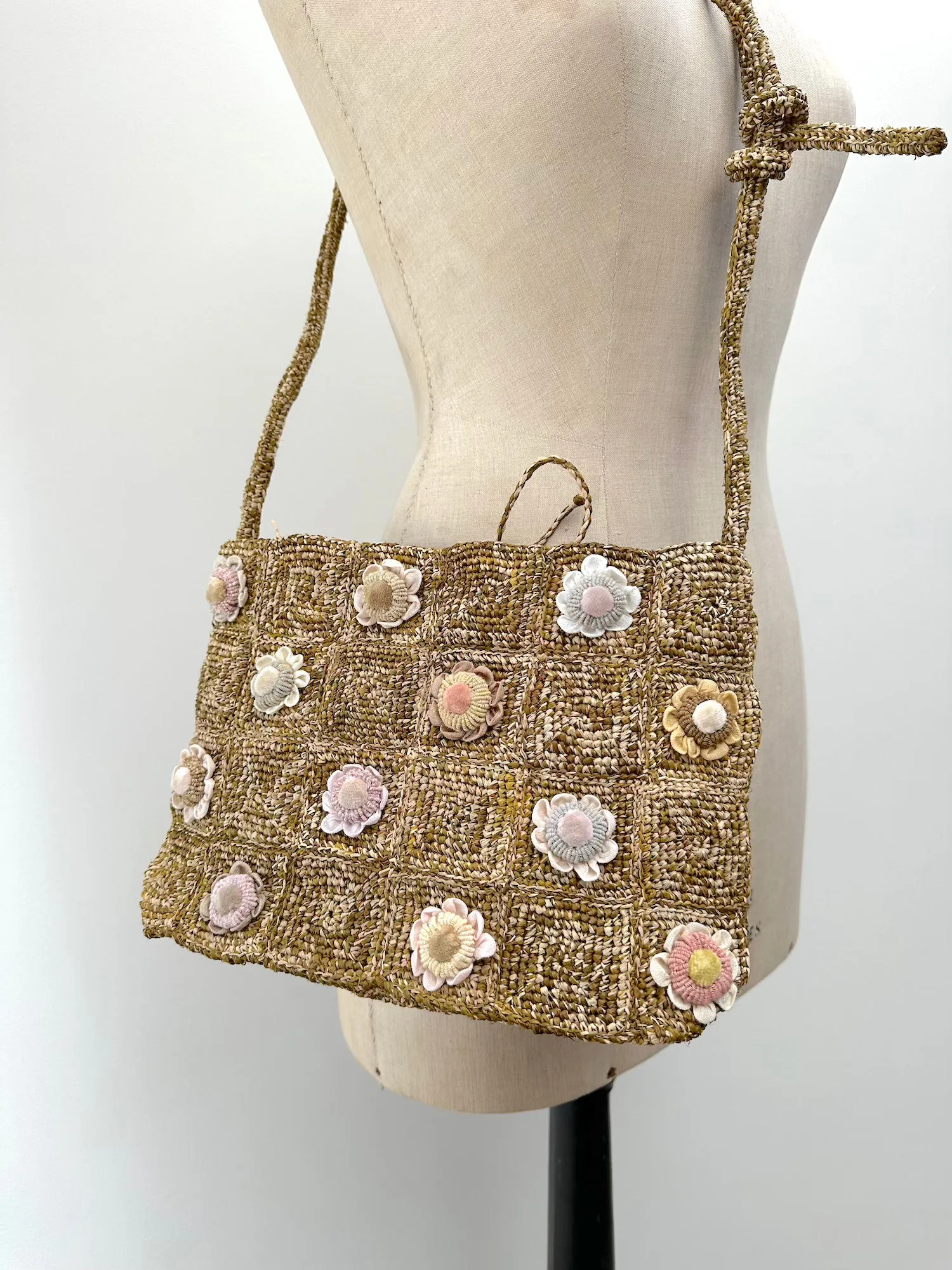 Sophie Digard Green Raffia With Pastel Florals Adjustable Cross-Body Bag