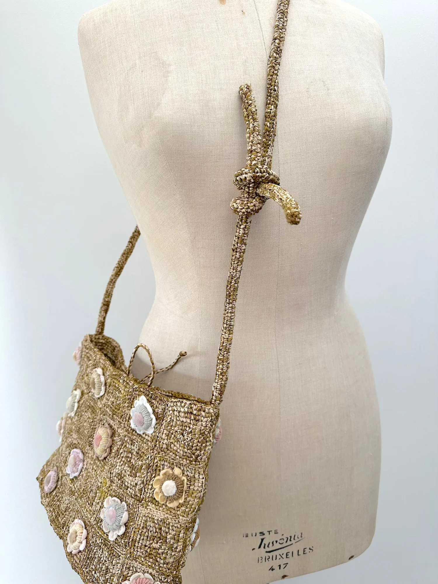 Sophie Digard Green Raffia With Pastel Florals Adjustable Cross-Body Bag