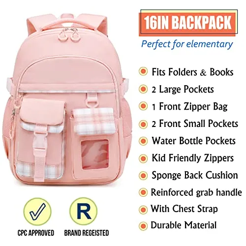 Vimivon Backpack for Girls Kids Elementary School Bag Checkered Water Resistant Teen Girl Travel Daypack Teen Girls Backpack