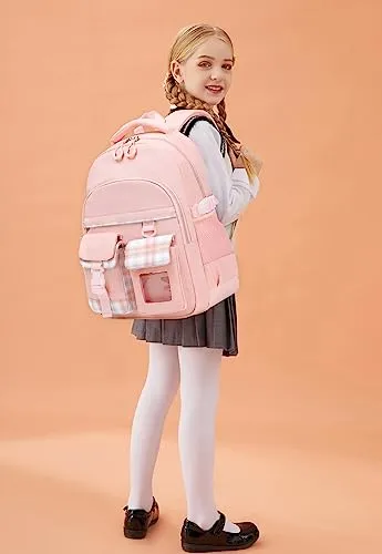 Vimivon Backpack for Girls Kids Elementary School Bag Checkered Water Resistant Teen Girl Travel Daypack Teen Girls Backpack
