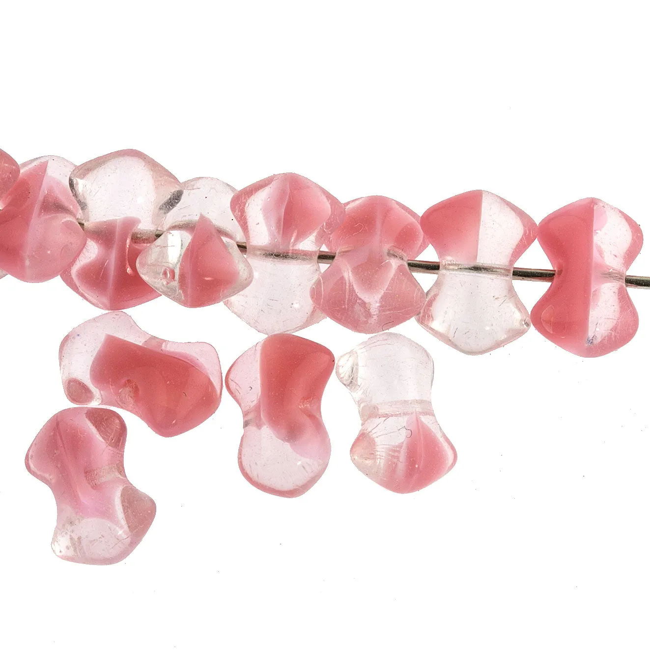 Vintage Czech clear and rose givre glass interlocking bowtie beads 9mm. Pkg 25. b11-pp-0337-1