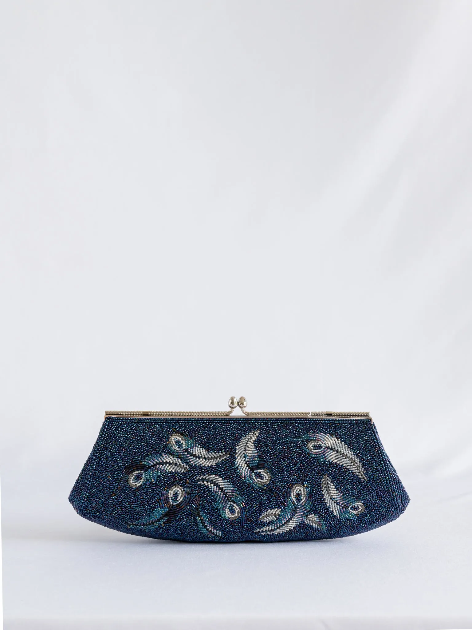 Vintage Feather Detailing Navy Blue Beaded Handbag