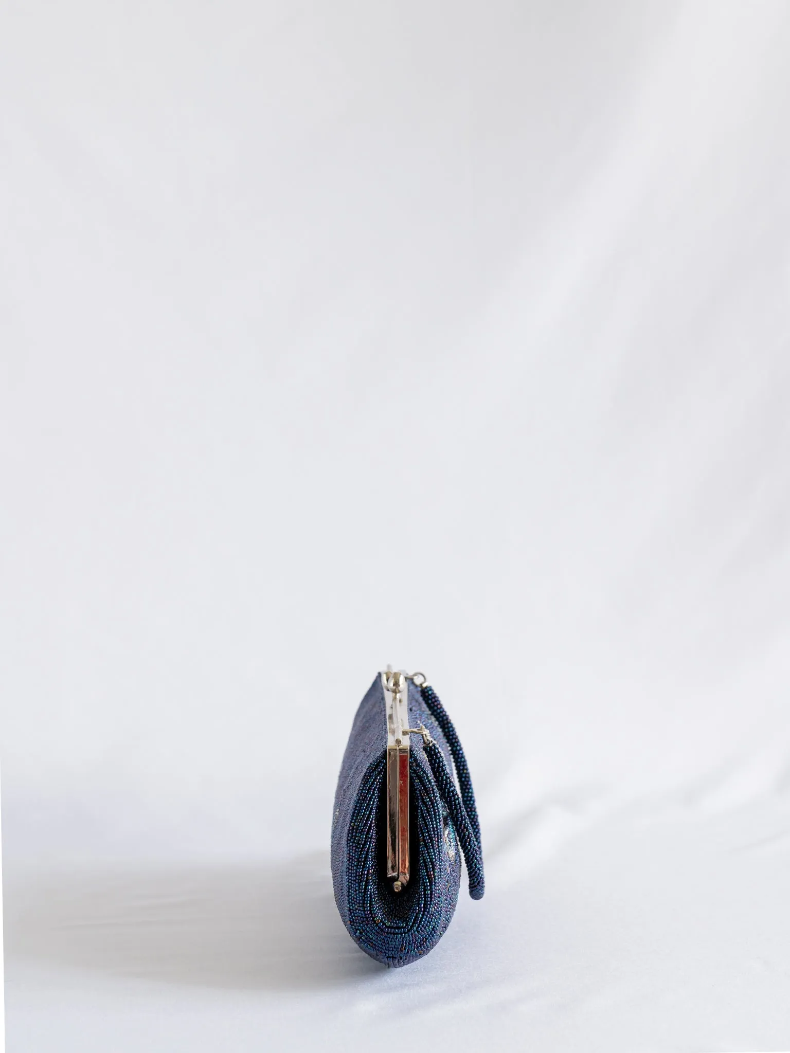 Vintage Feather Detailing Navy Blue Beaded Handbag